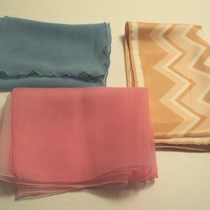 Lot of 3 Scarves - Sheer Blue  57" x 8", Sheer Pink 70" x 13", Tan 44" x 13.5"